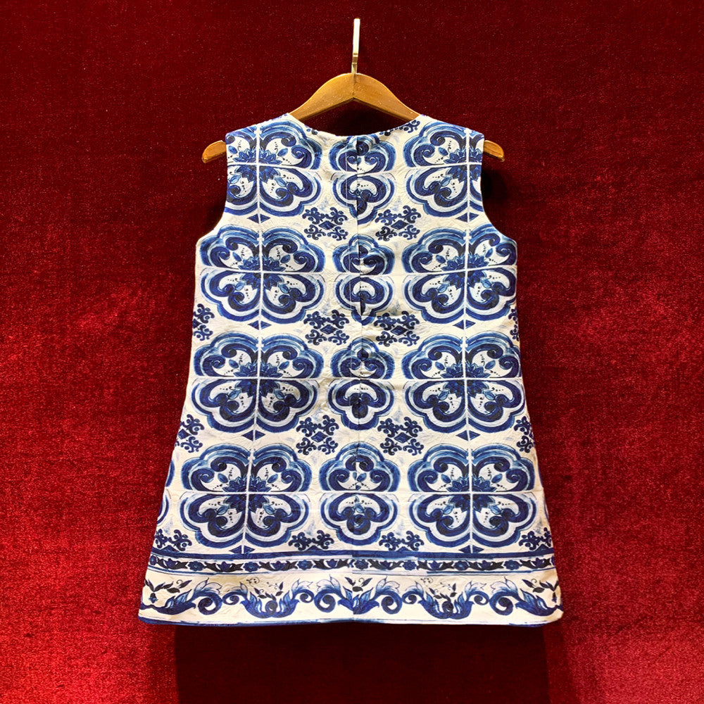 Retro Chinese style blue and white porcelain printed A line sleeveless dress with a sense of luxury 2025 new popular and explosive style stylish image 2