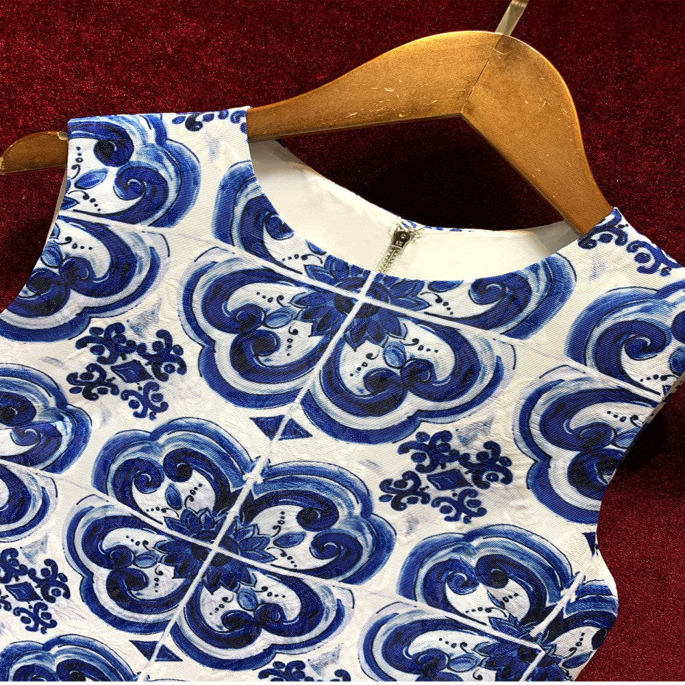 Retro Chinese style blue and white porcelain printed A line sleeveless dress with a sense of luxury 2025 new popular and explosive style stylish image 3