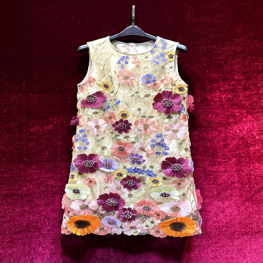 Unique and beautiful heavy industry embroidery three dimensional flower high end feeling mesh yarn A line dress for women 2025 new popular item image 0
