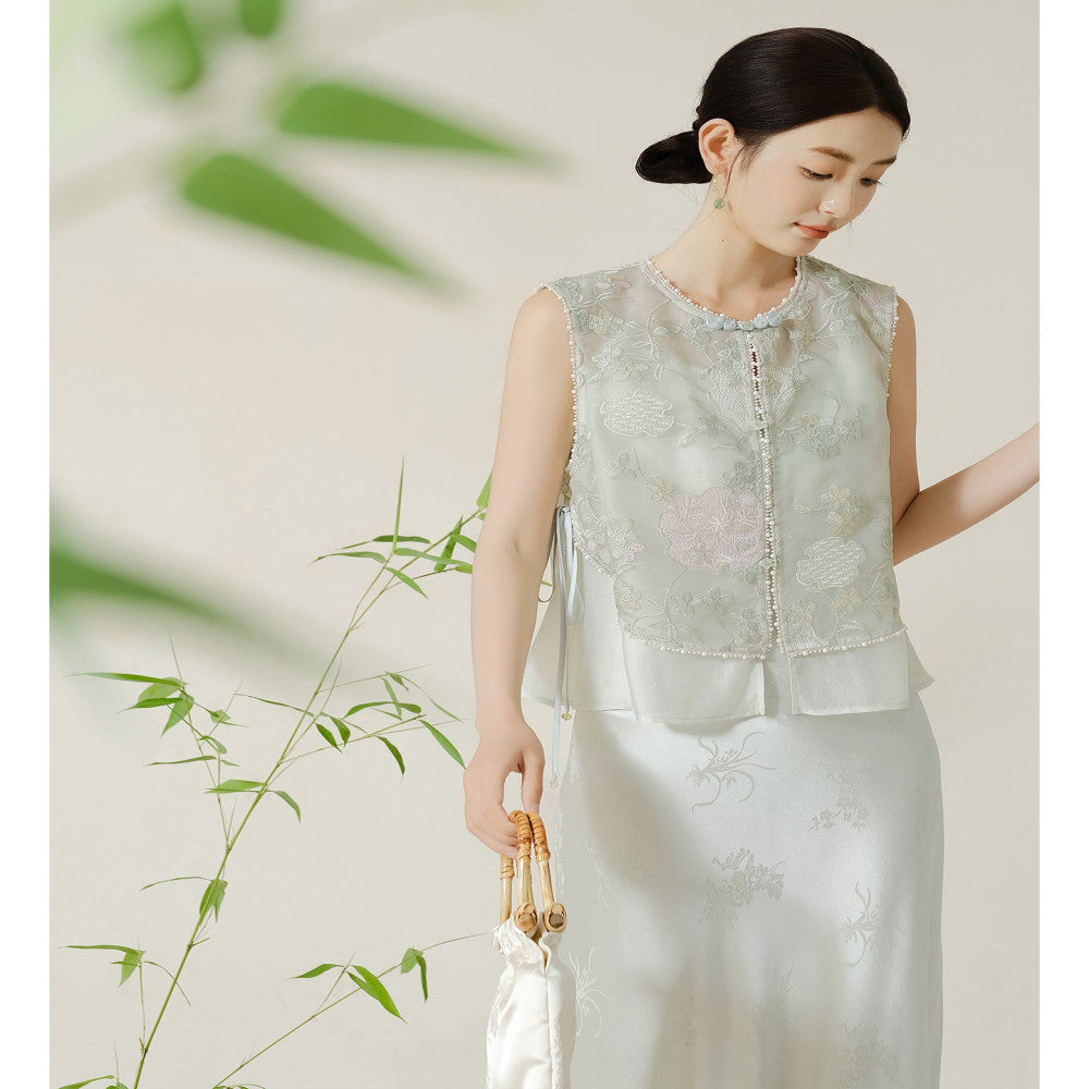 SHIBAI Bai Qing He Copper Amino Wire Heavy Industry Embroidery Chinese New National Style Sleeveless Advanced Temperament Stacked Vest image 2