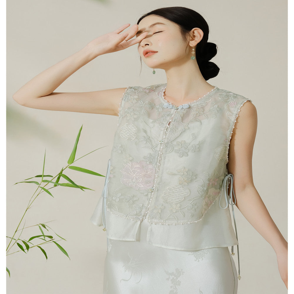 SHIBAI Bai Qing He Copper Amino Wire Heavy Industry Embroidery Chinese New National Style Sleeveless Advanced Temperament Stacked Vest image 3