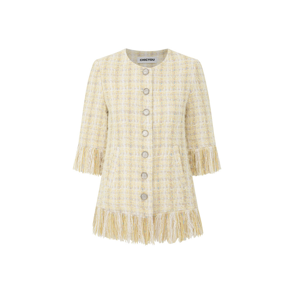 In stock CHICYOU original five quarter sleeve yellow tassel Xiaoxiang temperament round neck jacket top for women image 9