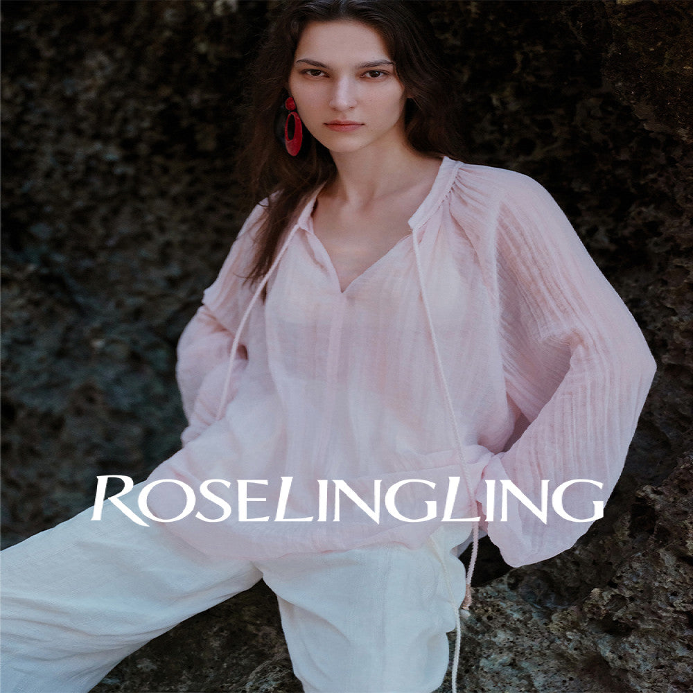 ROSELINGLING Midsummer Commuting Series Breathable Wrinkled Hemp Shoulder Lantern Sleeve Hand Woven Rope Top image 0