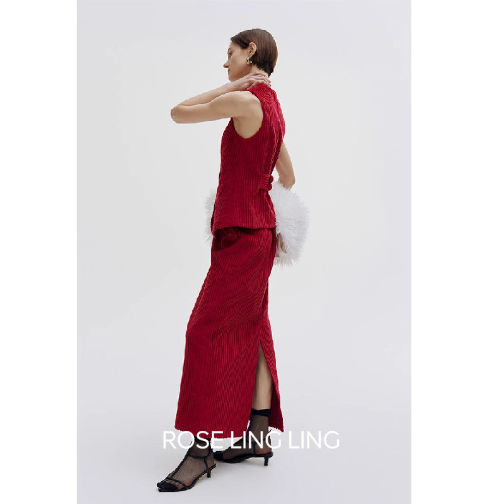 RoseLingLing King Stripe Created Coarse Pit Corduroy Intellectually Style Vest Straight Tube Half Skirt image 1