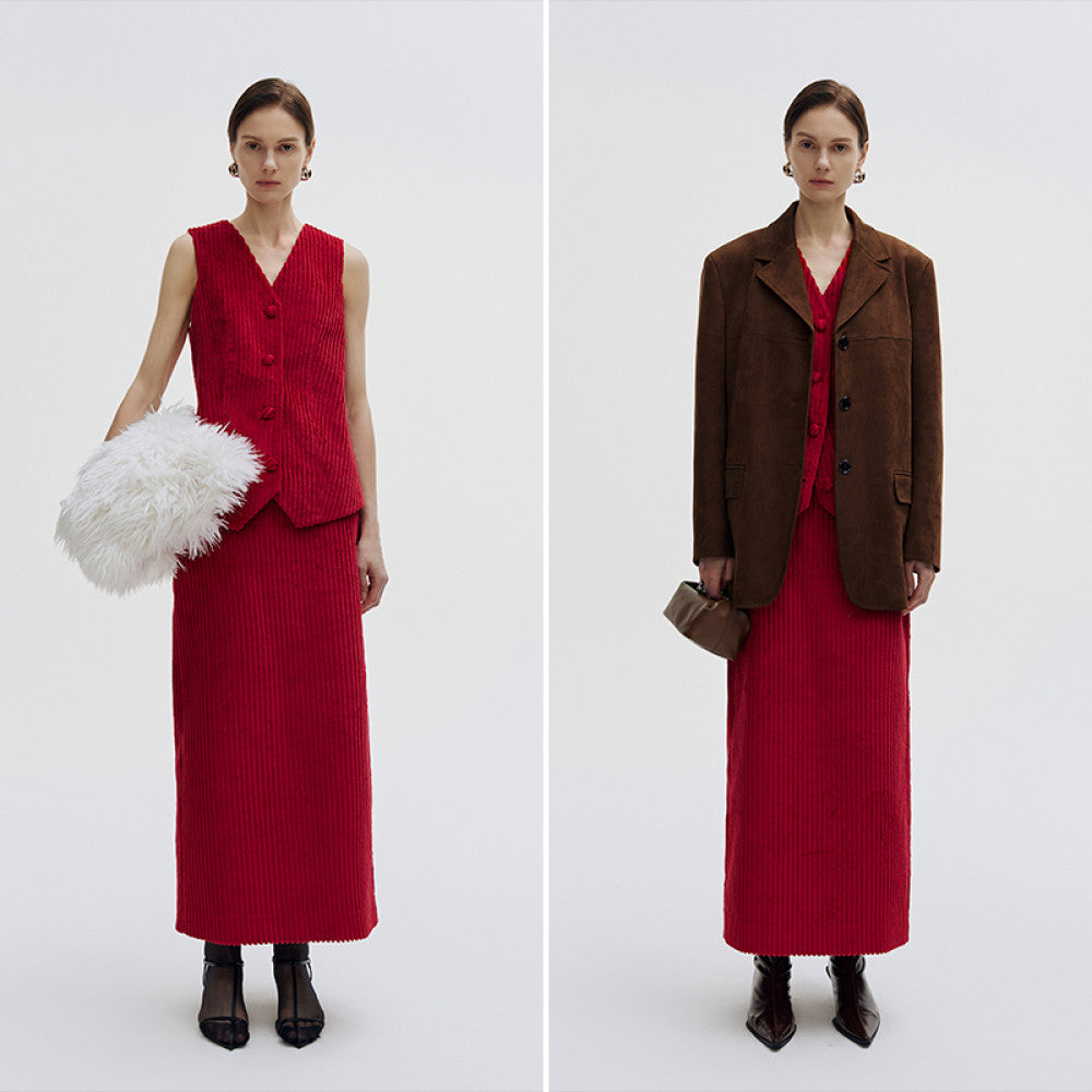 RoseLingLing King Stripe Created Coarse Pit Corduroy Intellectually Style Vest Straight Tube Half Skirt image 3