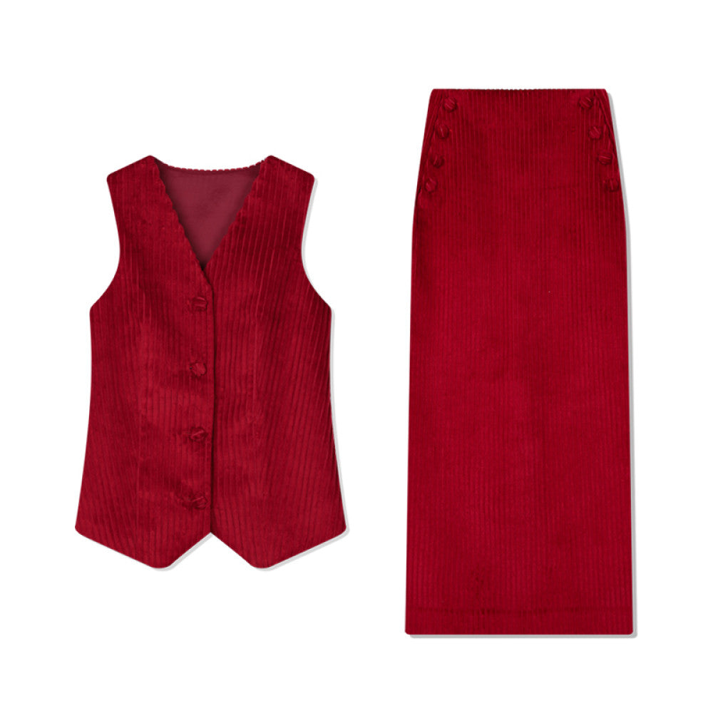 RoseLingLing King Stripe Created Coarse Pit Corduroy Intellectually Style Vest Straight Tube Half Skirt image 5