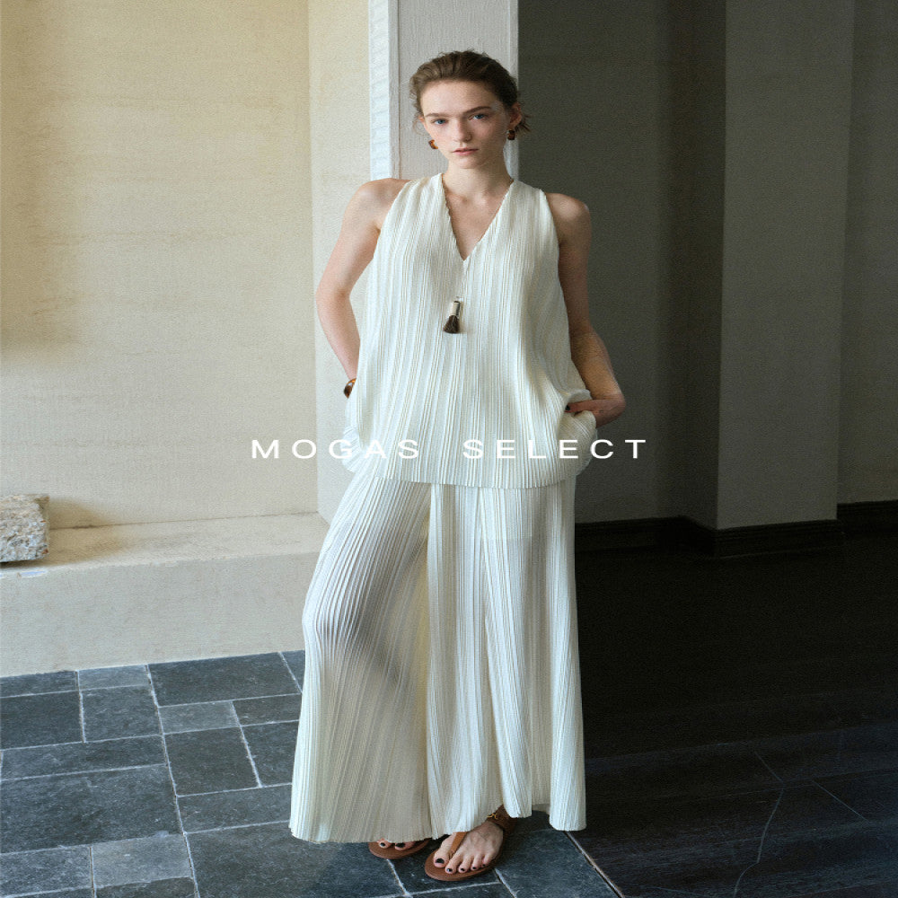 Mogas Dynamic Goddess Heavy Industry Miyake Style Shell Gloss Hundred Fold Twisted Sleeveless Top Wide Leg Pants Women s Summer image 3
