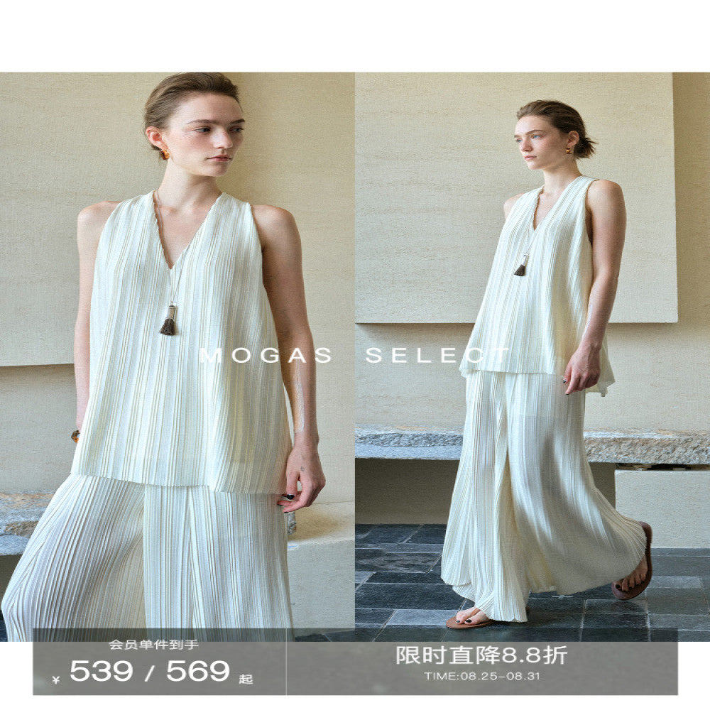 Mogas Dynamic Goddess Heavy Industry Miyake Style Shell Gloss Hundred Fold Twisted Sleeveless Top Wide Leg Pants Women s Summer image 0