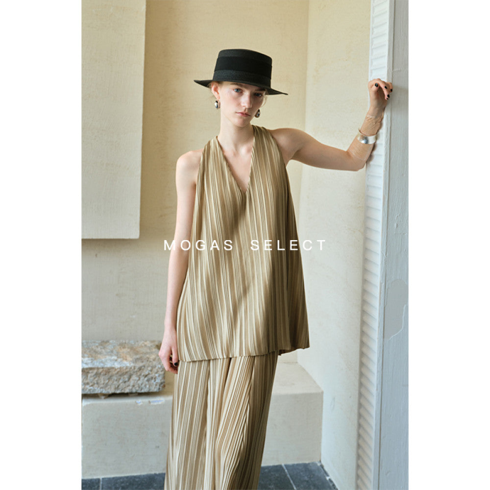 Mogas Dynamic Goddess Heavy Industry Miyake Style Shell Gloss Hundred Fold Twisted Sleeveless Top Wide Leg Pants Women s Summer image 16