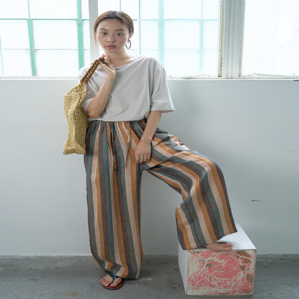 NOTHINGNOWHERE full linen yarn dyed retro striped elastic waisted casual pants image 0