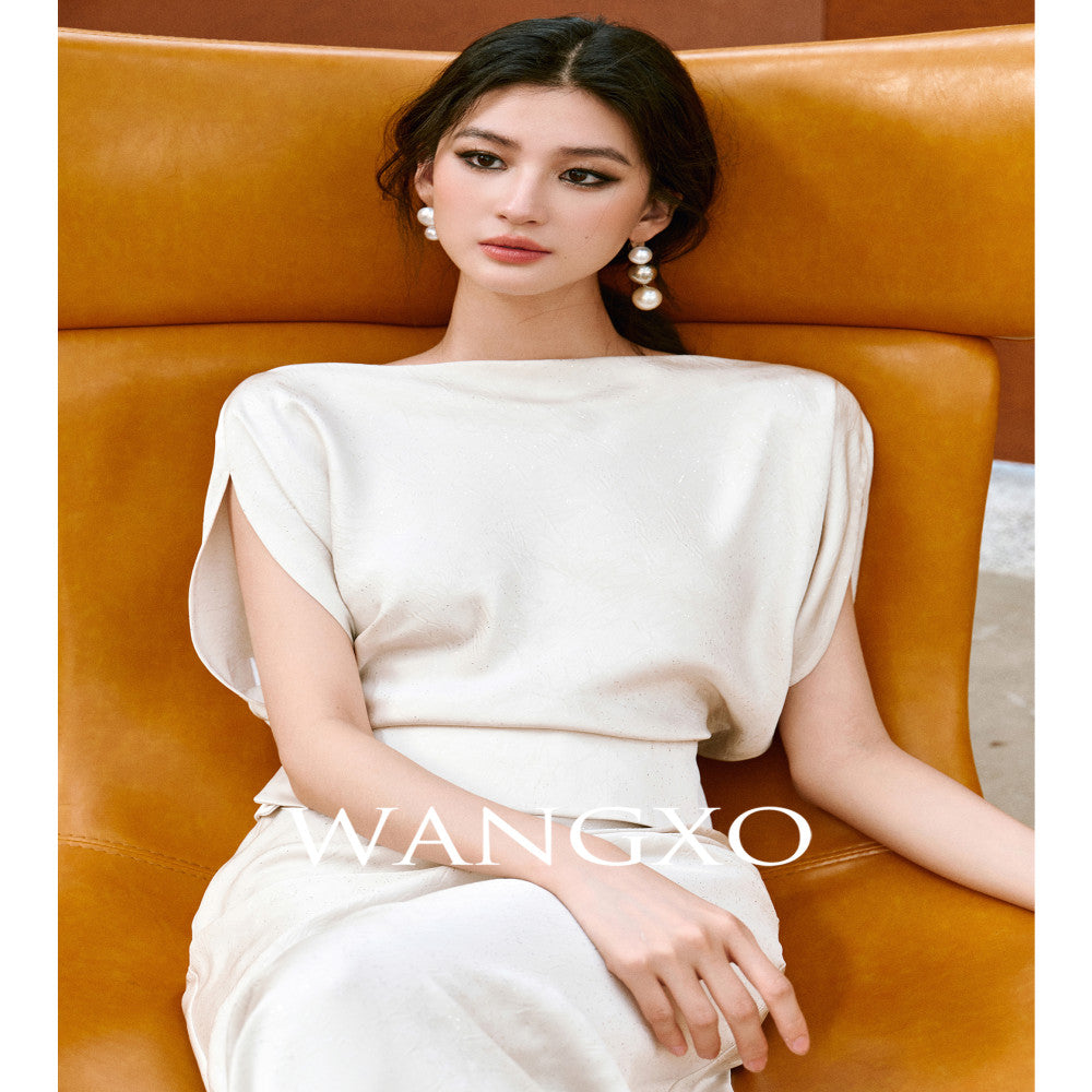 WANGXO Starry Silver Scratched Double sided Satin Quiet Luxury Style One Piece Neck Topu0026Slanted Fish Tail Skirt Set image 0