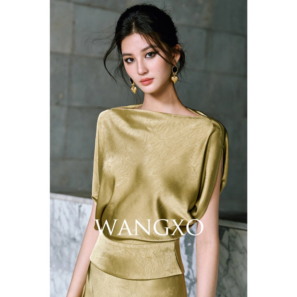 WANGXO Starry Silver Scratched Double sided Satin Quiet Luxury Style One Piece Neck Topu0026Slanted Fish Tail Skirt Set image 9