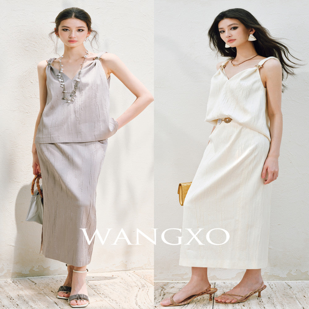 WANGXO High Ding Heavy Industry pleated satin Lazy and distinguished metal shoulder loop loose topu0026straight half skirt image 2