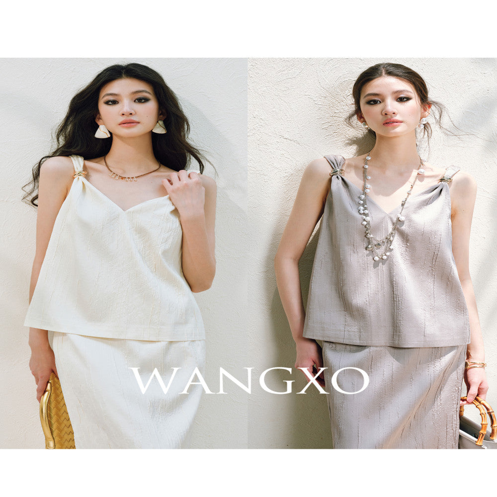 WANGXO High Ding Heavy Industry pleated satin Lazy and distinguished metal shoulder loop loose topu0026straight half skirt image 3