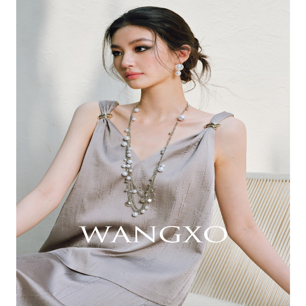 WANGXO High Ding Heavy Industry pleated satin Lazy and distinguished metal shoulder loop loose topu0026straight half skirt image 4