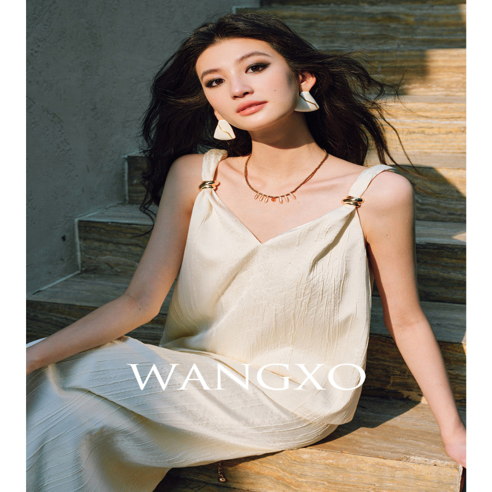 WANGXO High Ding Heavy Industry pleated satin Lazy and distinguished metal shoulder loop loose topu0026straight half skirt image 0
