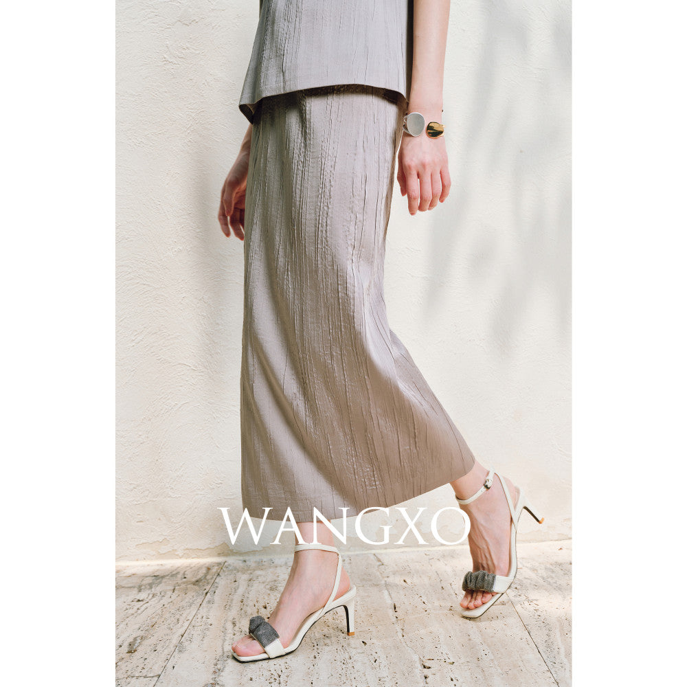 WANGXO High Ding Heavy Industry pleated satin Lazy and distinguished metal shoulder loop loose topu0026straight half skirt image 12