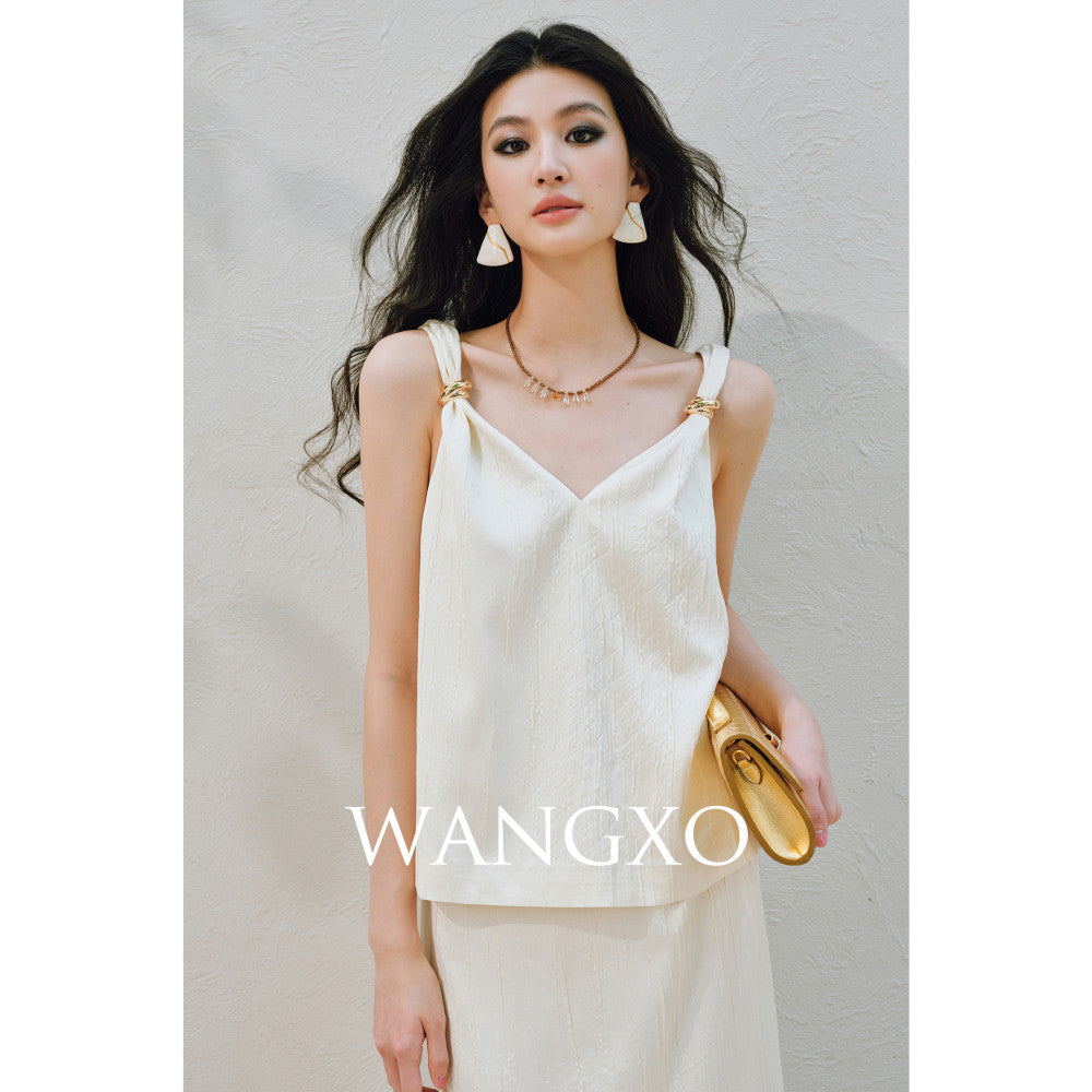 WANGXO High Ding Heavy Industry pleated satin Lazy and distinguished metal shoulder loop loose topu0026straight half skirt image 21