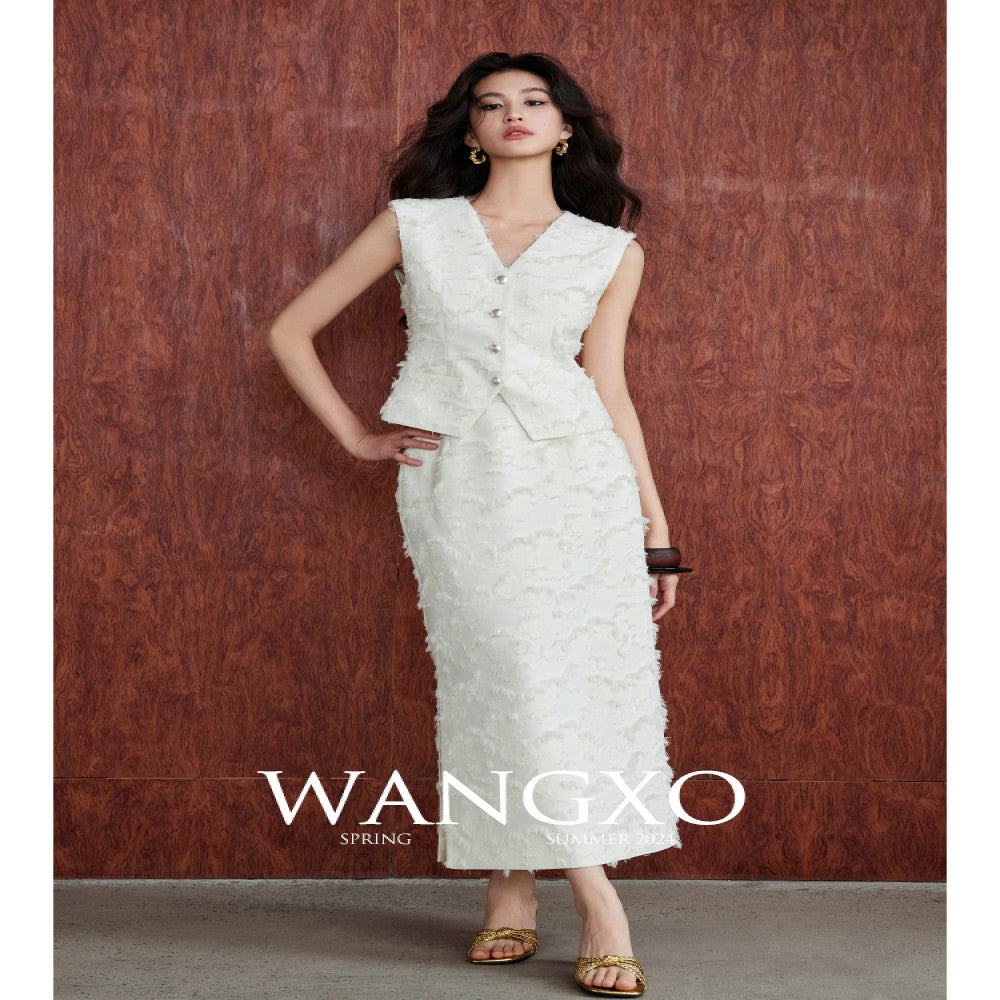 WANGXO Tassel brushed jacquard texture Reshaping Eastern aesthetics V neck vest high waisted half skirt set image 2