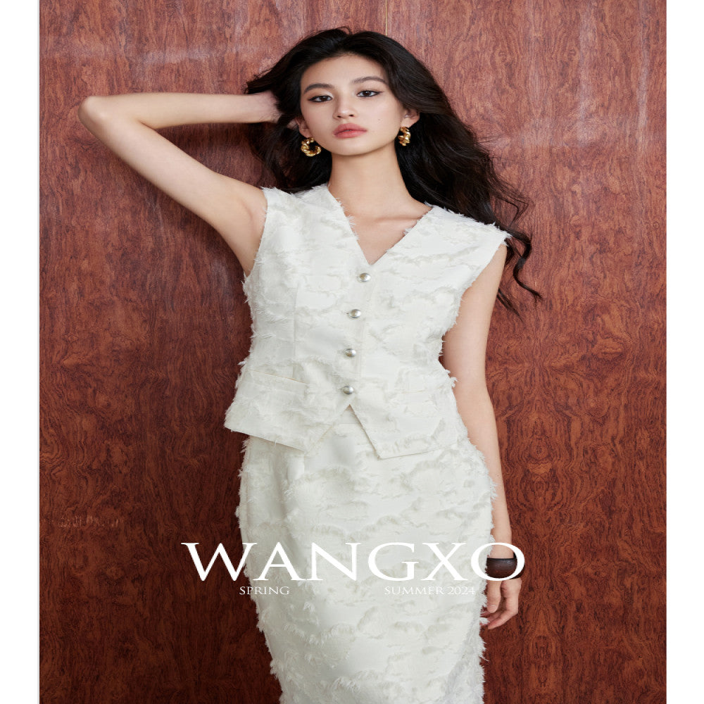WANGXO Tassel brushed jacquard texture Reshaping Eastern aesthetics V neck vest high waisted half skirt set image 3