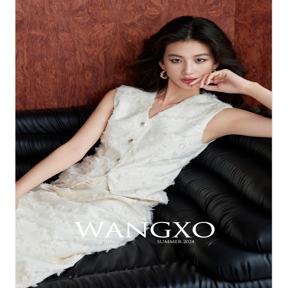 WANGXO Tassel brushed jacquard texture Reshaping Eastern aesthetics V neck vest high waisted half skirt set image 0