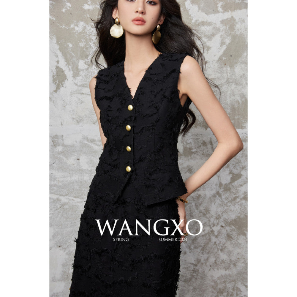 WANGXO Tassel brushed jacquard texture Reshaping Eastern aesthetics V neck vest high waisted half skirt set image 18