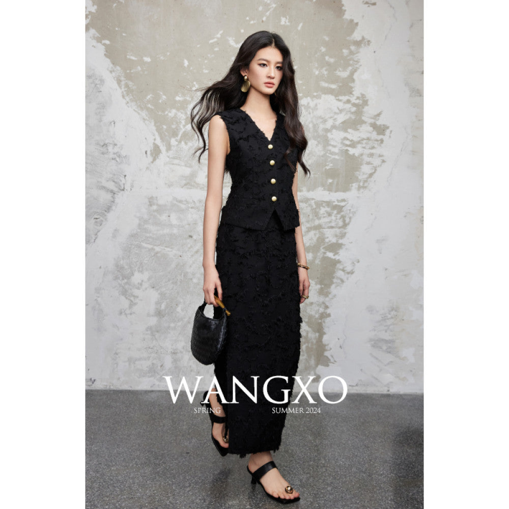 WANGXO Tassel brushed jacquard texture Reshaping Eastern aesthetics V neck vest high waisted half skirt set image 25