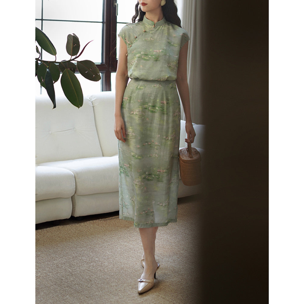 Ching s new Chinese retro contrasting color cheongsam with high waist for slimming commuting Monet garden oil painting style dress summer image 15