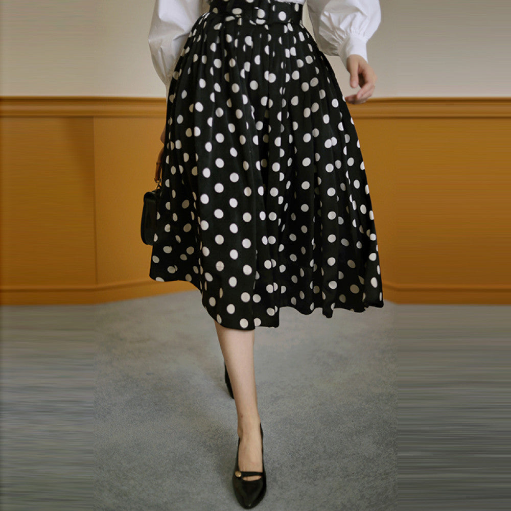 Ching s Hepburn style thick satin polka dot half skirt retro high waisted temperament pleated large swing skirt umbrella skirt summer image 8