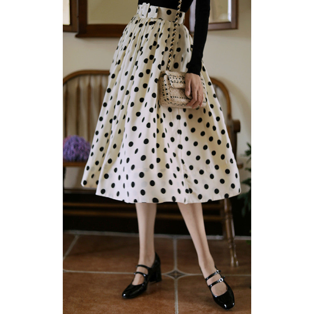 Ching s Hepburn style thick satin polka dot half skirt retro high waisted temperament pleated large swing skirt umbrella skirt summer image 17