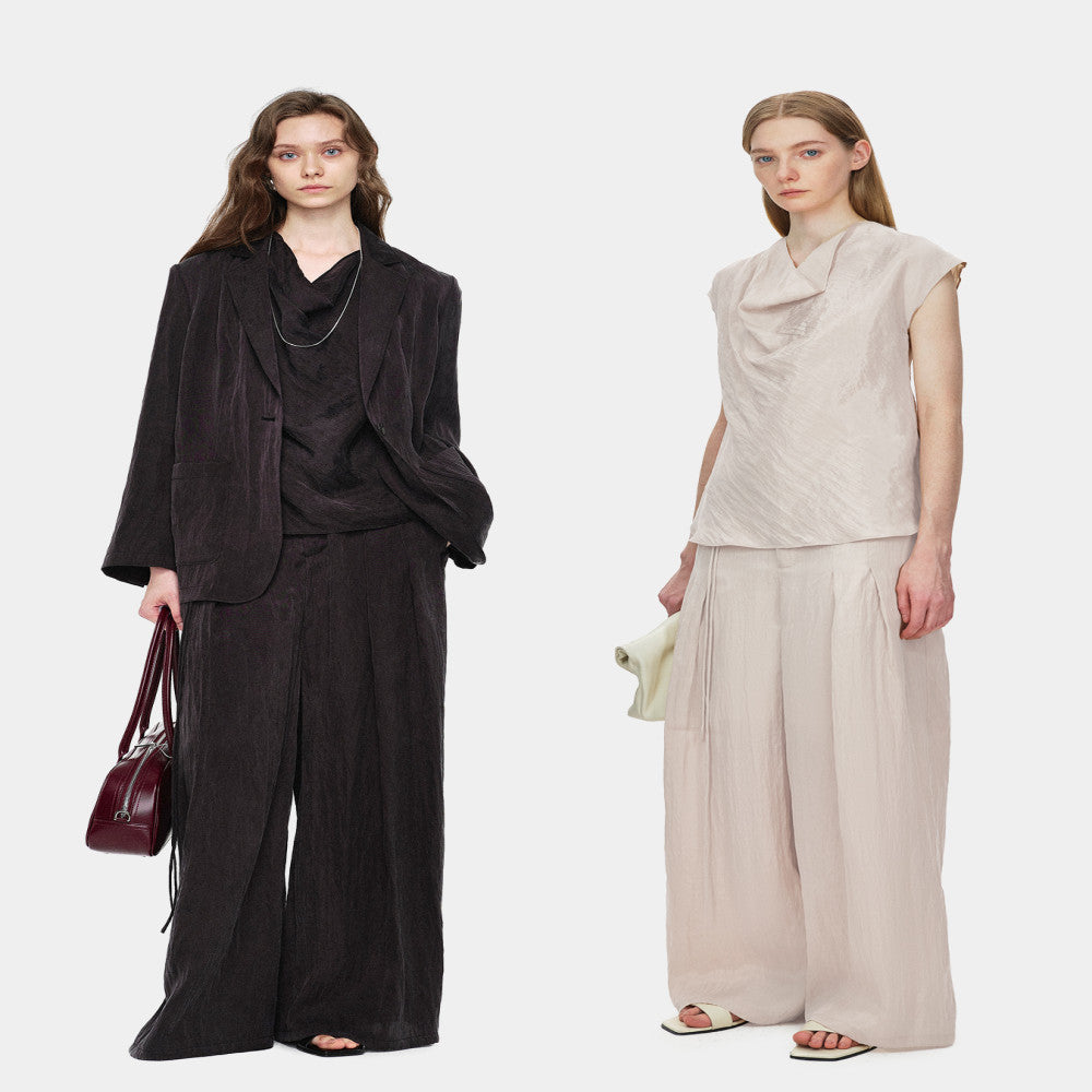 Marllen Elegant Light Suit Lazy Commuter B in Light Loose Suit Swing Collar Top Wide Leg Pants Set image 44