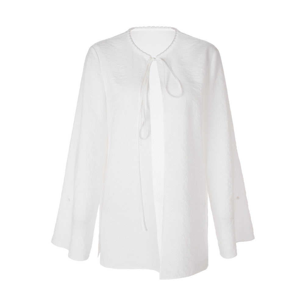 LYNEE wrinkled dry silk cardigan with mulberry silk blended trumpet sleeves simple top summer new style image 9