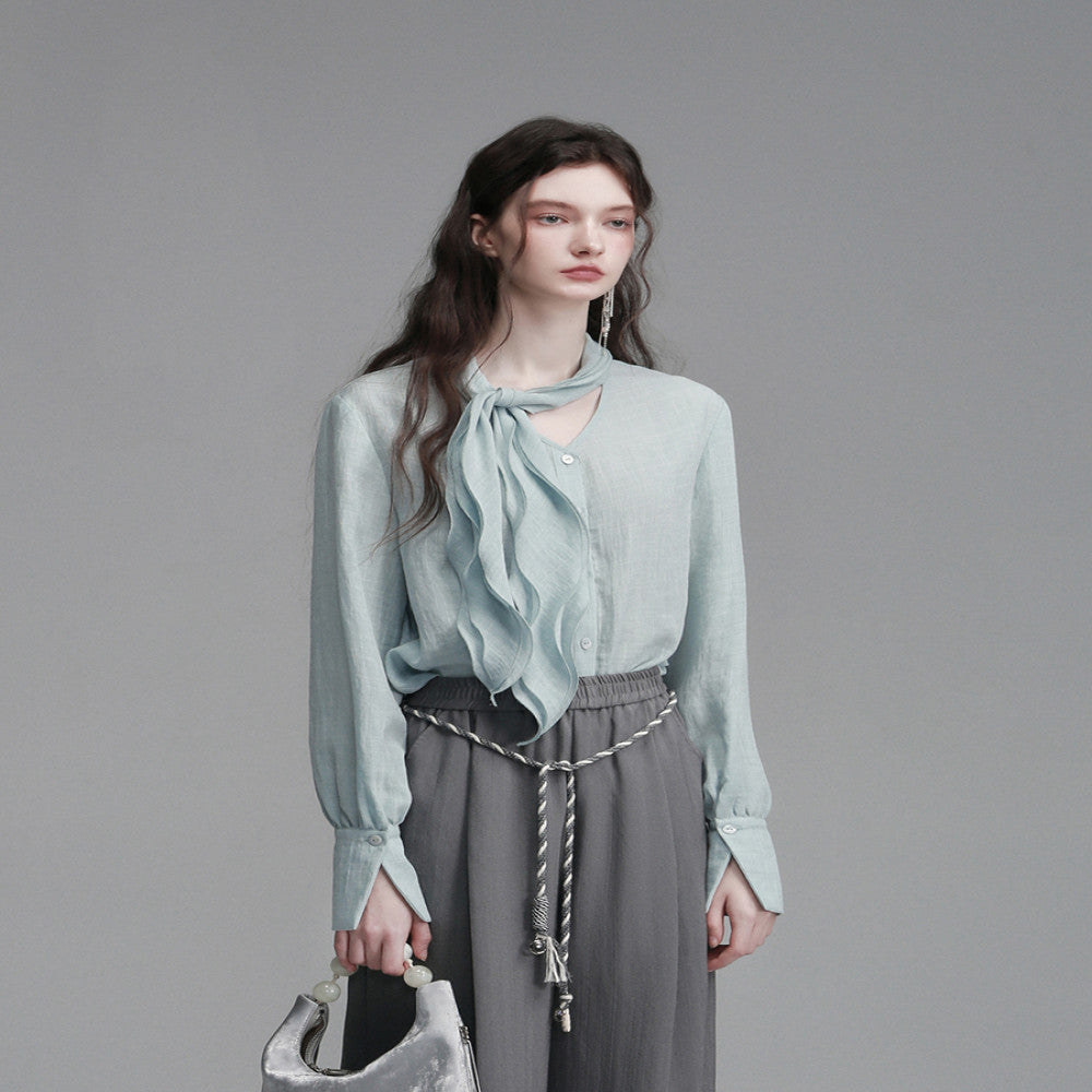 XINXINYUE dynamic aesthetic air blue cotton ruffle edge ribbon shirt image 0