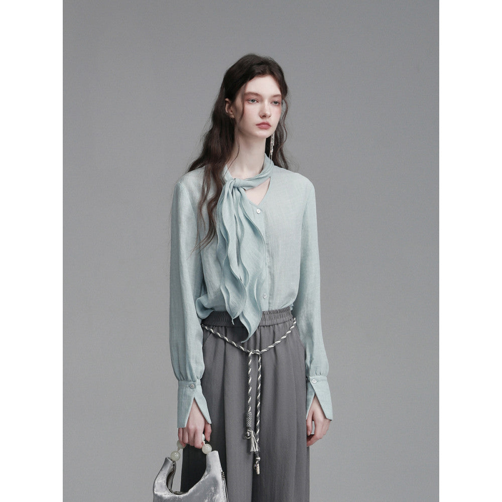XINXINYUE dynamic aesthetic air blue cotton ruffle edge ribbon shirt image 7