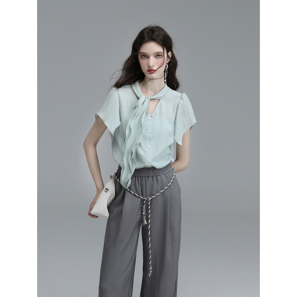 XINXINYUE dynamic aesthetic air blue cotton ruffle edge ribbon shirt image 29