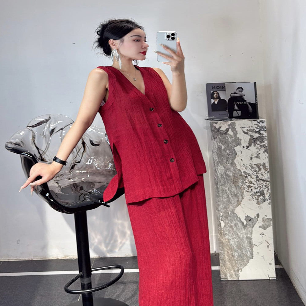 Summer outfit paired with a complete set of salt based light cooked yet stylish and luxurious red linen cotton linen set pants image 10