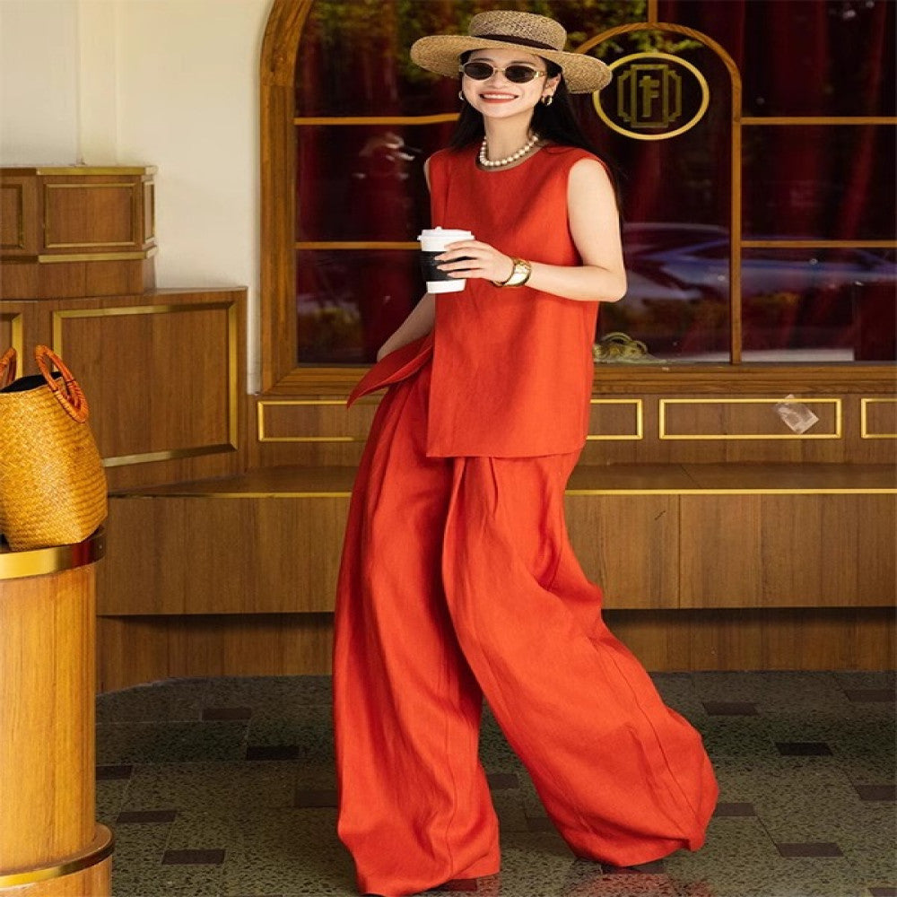Great looking small fragrance professional suit for women in summer 2025 new high end red vest wide leg pants two piece set image 13
