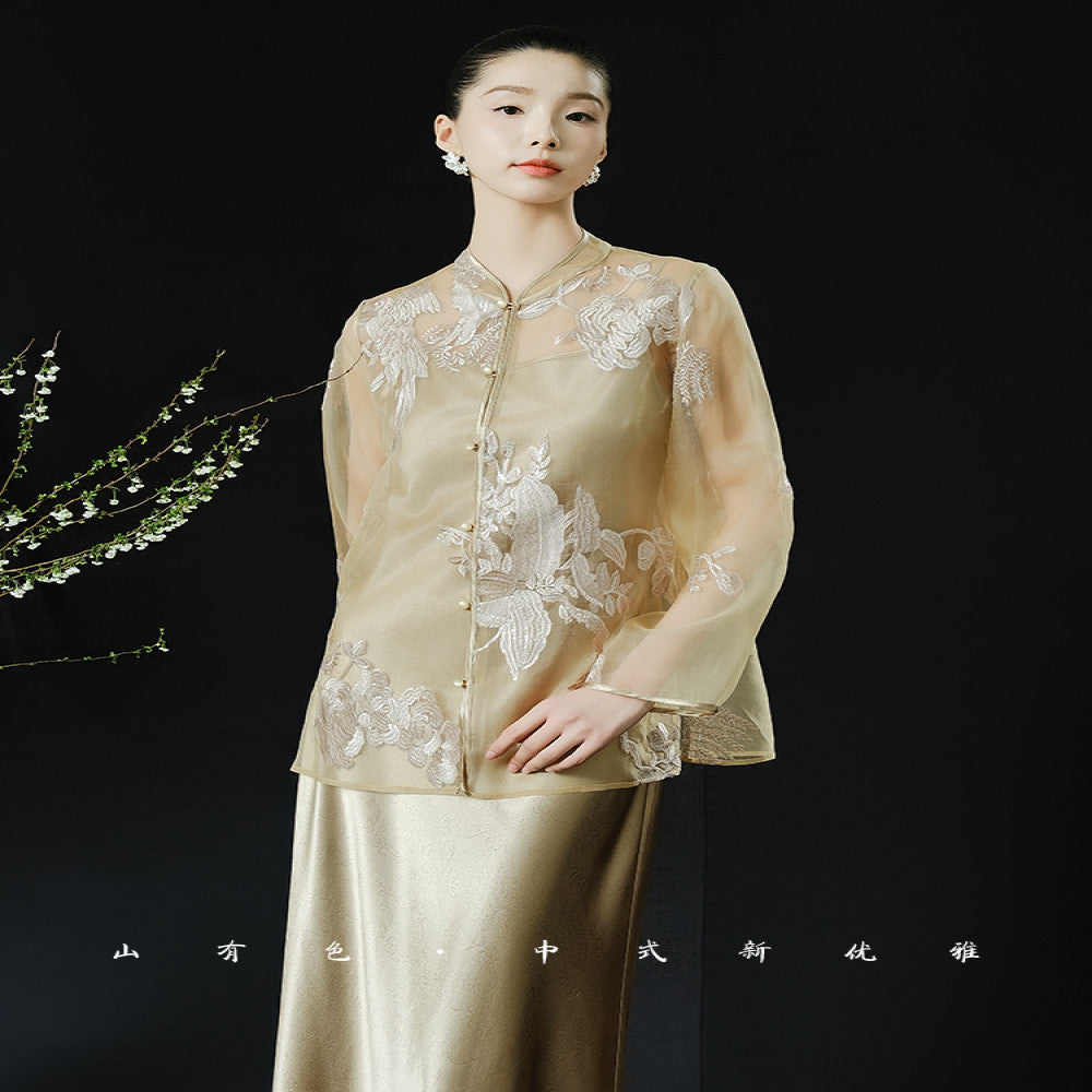 Mountain colored twilight Chinese style new embroidered top with sun protection cover high end silk embroidered top image 1