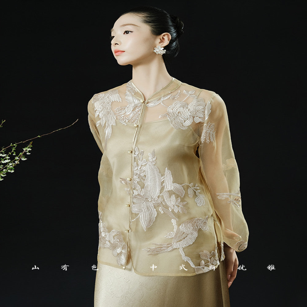 Mountain colored twilight Chinese style new embroidered top with sun protection cover high end silk embroidered top image 7
