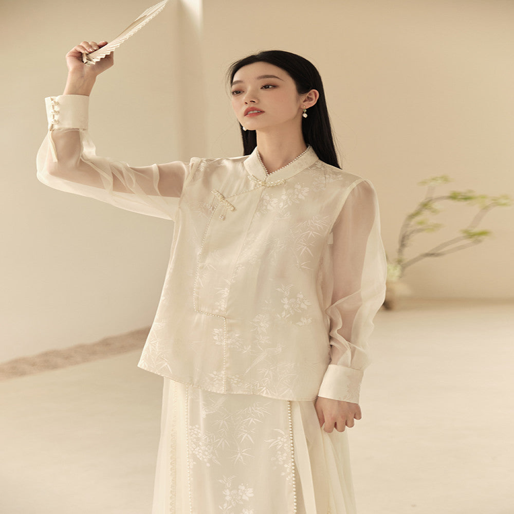 Mountain Colored Summer New Chinese Style Women s Clothing Improvement Qipao Top Zen Tea Clothes Rice White Half Skirt Set image 14