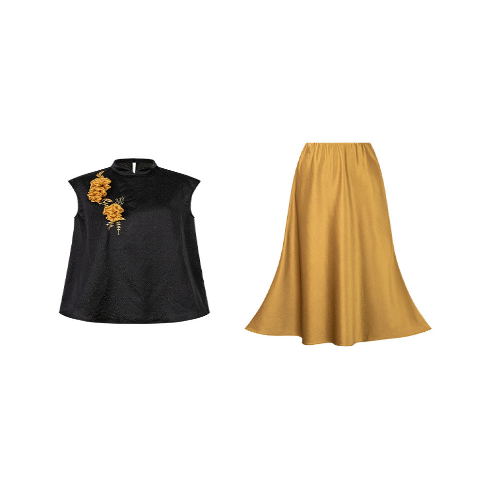 Wuyan Yihe Night Dew Floating Gold New Chinese Original Gold Thread Silk Embroidered Top Silver Silk Acetate Half Skirt image 4