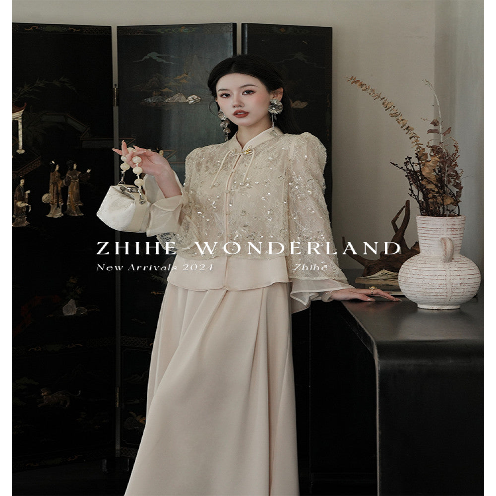 Wonderland Firefly Flying Flower Original Lace Embroidered Bead Top Soft Satin Strap Half Skirt Set image 2