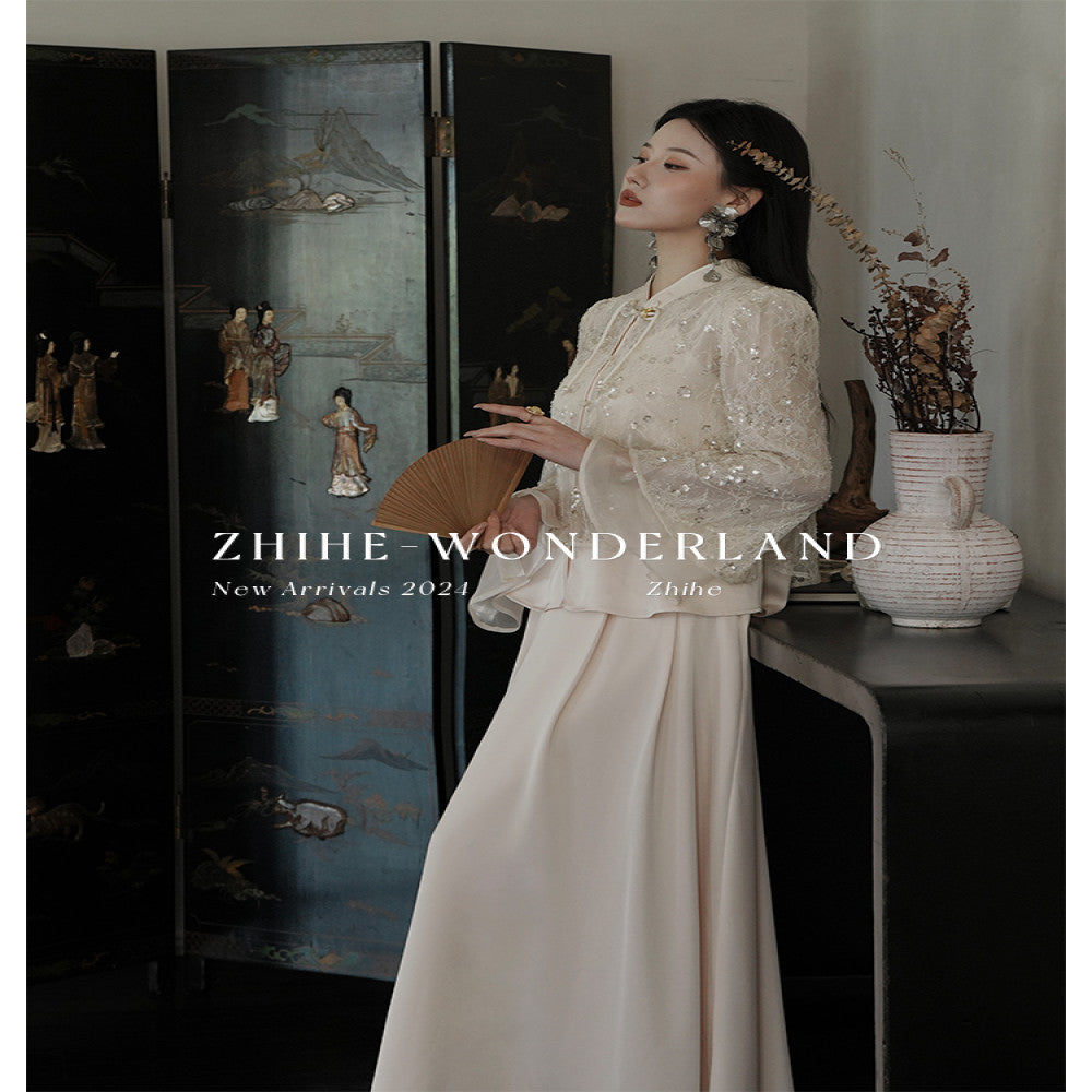 Wonderland Firefly Flying Flower Original Lace Embroidered Bead Top Soft Satin Strap Half Skirt Set image 4