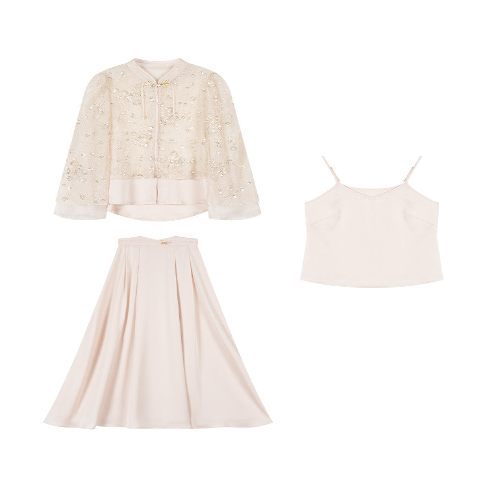 Wonderland Firefly Flying Flower Original Lace Embroidered Bead Top Soft Satin Strap Half Skirt Set image 5