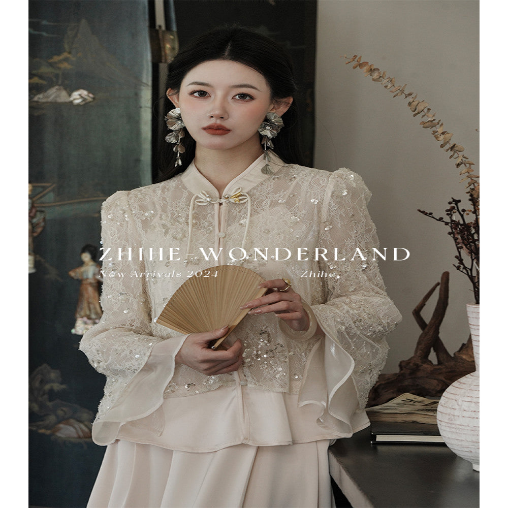 Wonderland Firefly Flying Flower Original Lace Embroidered Bead Top Soft Satin Strap Half Skirt Set image 0