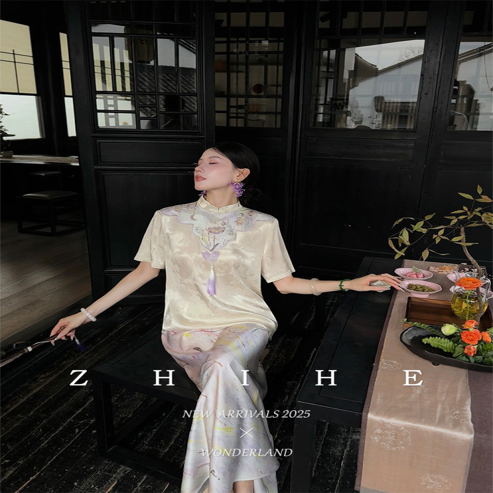 Wuyan Yihe Mei Dai New Chinese Style Silk Jacquard Heavy Embroidery Top Bleach Purple Skirt Pants image 2