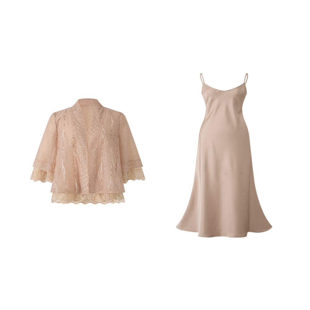 Wuyan Yihe Finger Silk Quietly Luxury Chinese Style Feather Silk Coat Satin Strap Skirt image 4