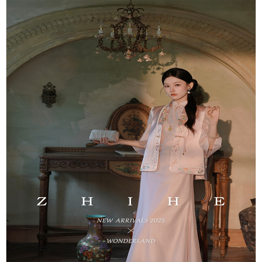 Wuyan Yihe Yingjin New Chinese style Acetic Acid Heavy Industry Embroidered Vest Tencel Pinched Cheongsam Dress image 1