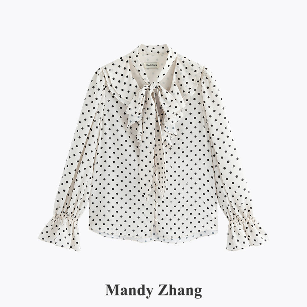 MandyZhang French bow ribbon retro love polka dot shirt women s autumn V neck temperament long sleeved top image 11