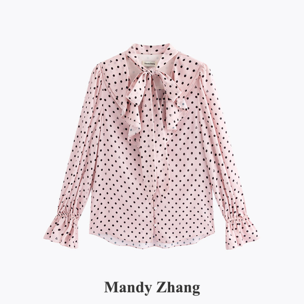 MandyZhang French bow ribbon retro love polka dot shirt women s autumn V neck temperament long sleeved top image 15